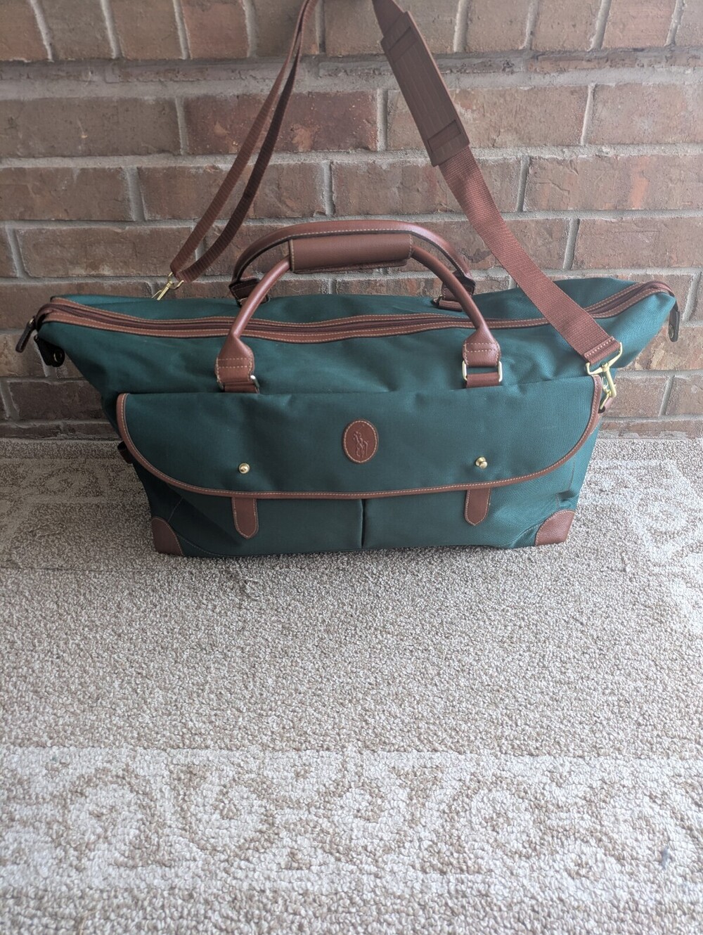 Polo Ralph Lauren Duffle Bag Vintage Green Canvas Leather Trim Travel Weekender
